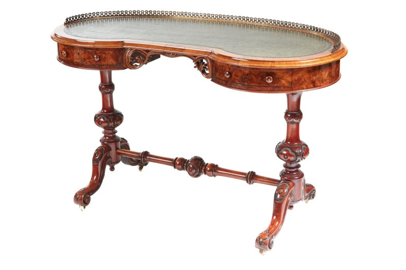 Fine Antique Victorian Burr Walnut Kidney Shaped Writing Desk